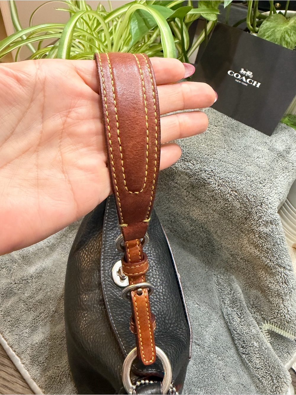 Coach Black Pebbled Leather Shoulder Bag with Brown Strap Accents - Picture 5 of 11